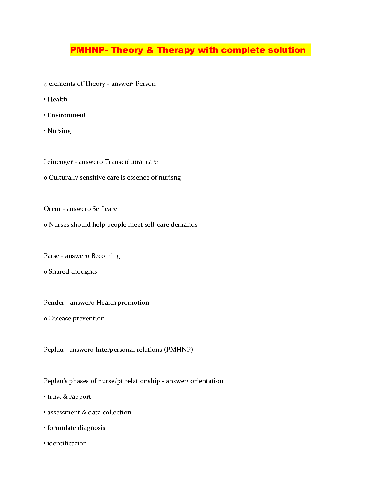 Preview image of PMHNP- Theory & Therapy with complete solution document